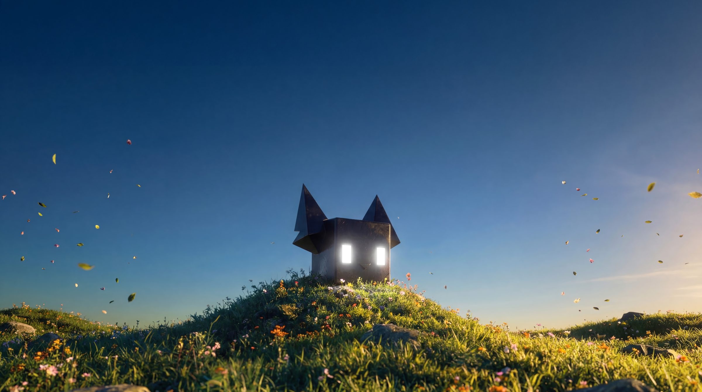 CATTORY cat-box on a flower hill at dusk