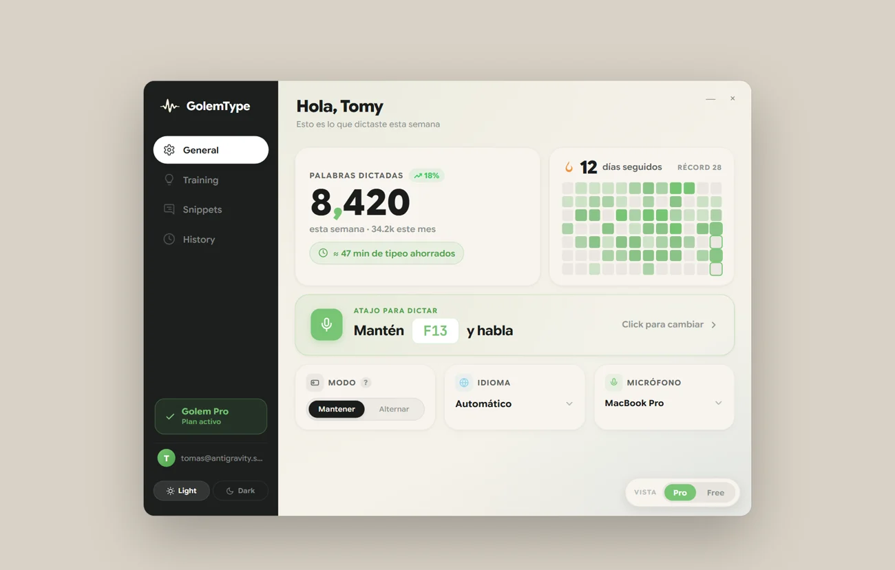 GolemType dashboard