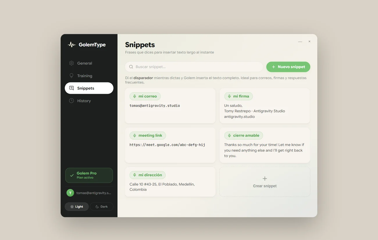 GolemType voice snippets